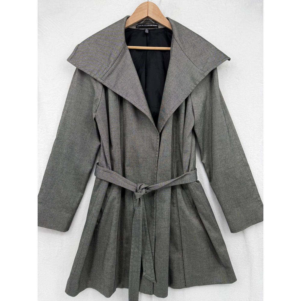 Linda Allard Ellen Tracy Gray Belted Wrap Trench Coat Wide Collar 12 Old Money